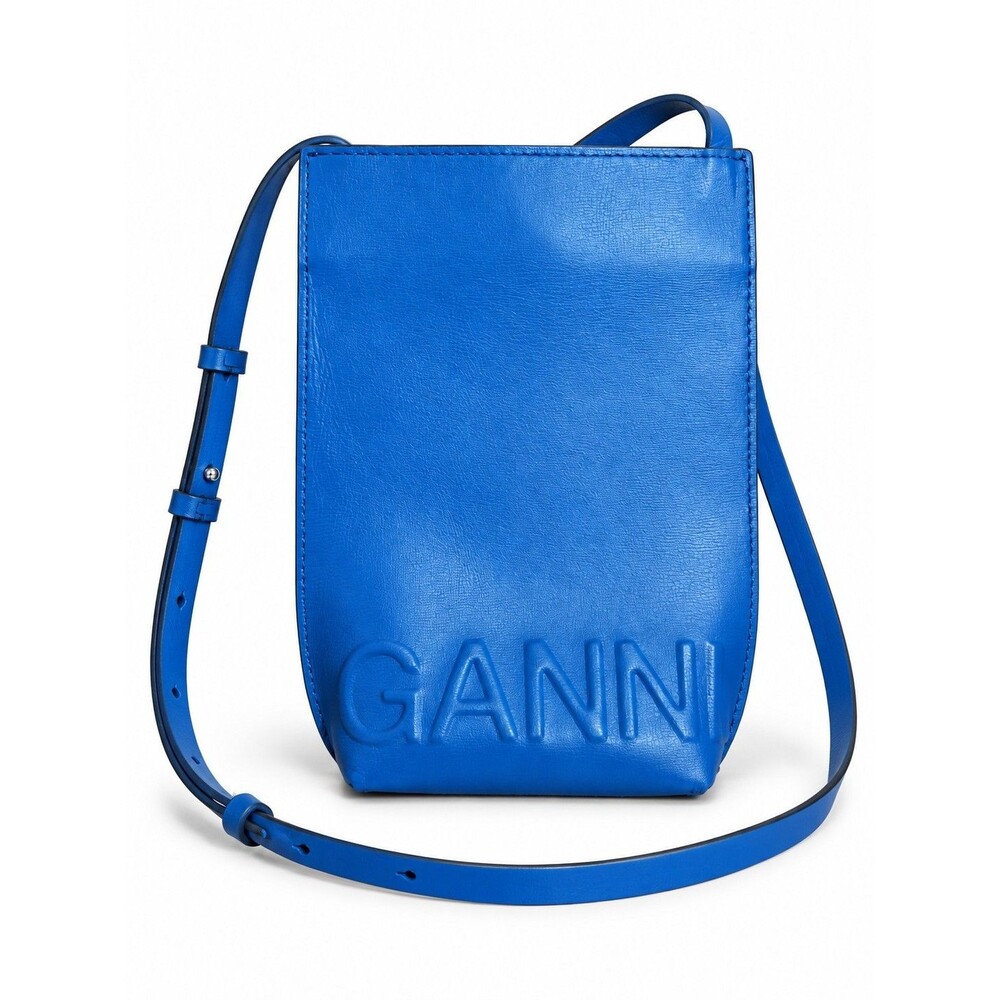 GANNI Banner Small Blue Recycled Leather Crossbody Phone Bag Logo